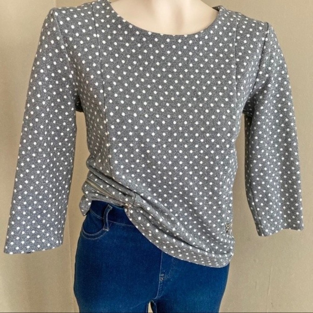 TALBOTS polka dot silver metallic sparkle zipper pocket 3/4 sleeve top